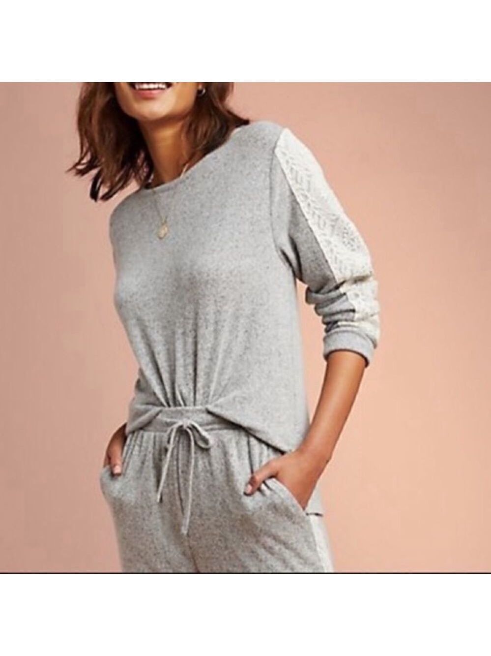 𝅺ANTHROPOLOGIE Flora Nikrooz Harbor Lace Sleeve Pajama Top Gray & White Sz Large